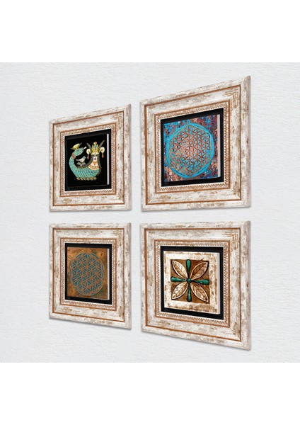 Yaşam Çiçeği, Fas Desenli Vintage, Şahmeran Çerçeveli Taş Duvar Tablosu 4’lü Set - Dekoratif Modern Sanat, Ev ve Ofis Dekoru |TK4-453| fiyatları