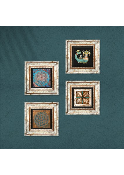 Yaşam Çiçeği, Fas Desenli Vintage, Şahmeran Çerçeveli Taş Duvar Tablosu 4’lü Set - Dekoratif Modern Sanat, Ev ve Ofis Dekoru |TK4-453| fırsatları