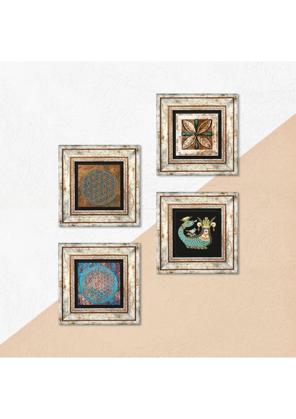 Yaşam Çiçeği, Fas Desenli Vintage, Şahmeran Çerçeveli Taş Duvar Tablosu 4’lü Set - Dekoratif Modern Sanat, Ev ve Ofis Dekoru |TK4-453| indirimleri