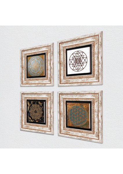 Yaşam Çiçeği, Sri Yantra Çerçeveli Taş Duvar Tablosu 4’lü Set - Dekoratif Modern Sanat, Ev ve Ofis Dekoru |TK4-563| fiyatları