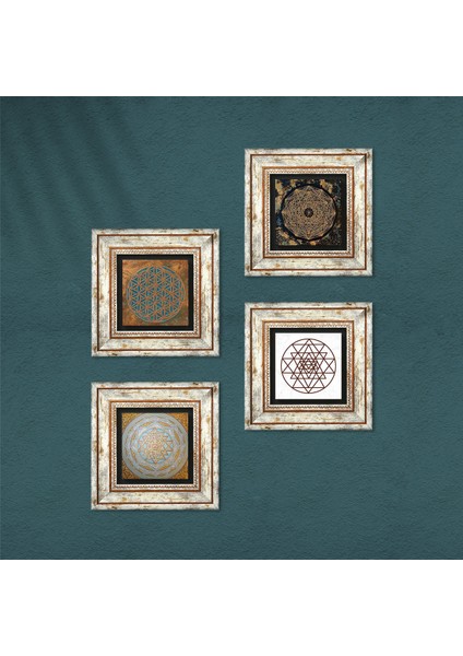 Yaşam Çiçeği, Sri Yantra Çerçeveli Taş Duvar Tablosu 4’lü Set - Dekoratif Modern Sanat, Ev ve Ofis Dekoru |TK4-563| fırsatları