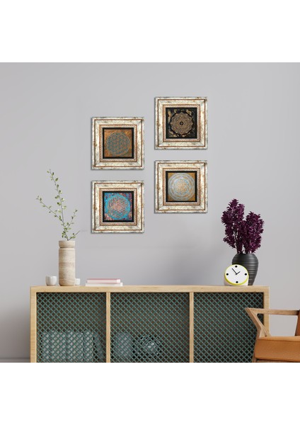 Yaşam Çiçeği, Sri Yantra Çerçeveli Taş Duvar Tablosu 4’lü Set - Dekoratif Modern Sanat, Ev ve Ofis Dekoru |TK4-570|