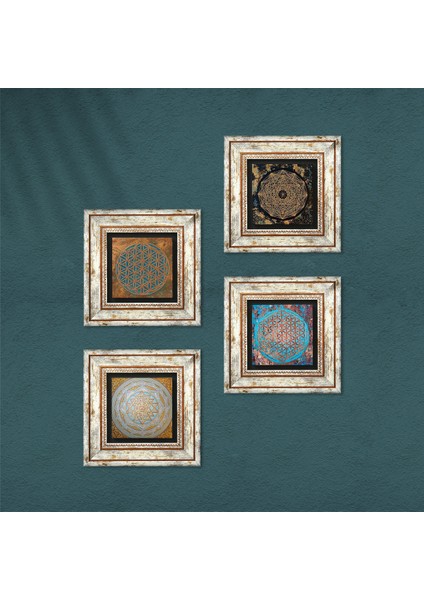 Yaşam Çiçeği, Sri Yantra Çerçeveli Taş Duvar Tablosu 4’lü Set - Dekoratif Modern Sanat, Ev ve Ofis Dekoru |TK4-570| fırsatları