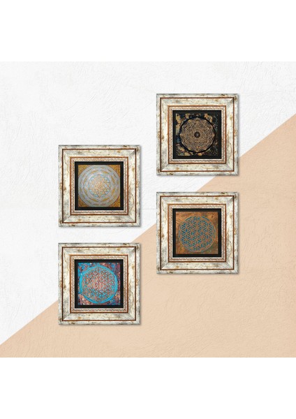 Yaşam Çiçeği, Sri Yantra Çerçeveli Taş Duvar Tablosu 4’lü Set - Dekoratif Modern Sanat, Ev ve Ofis Dekoru |TK4-570| indirimleri