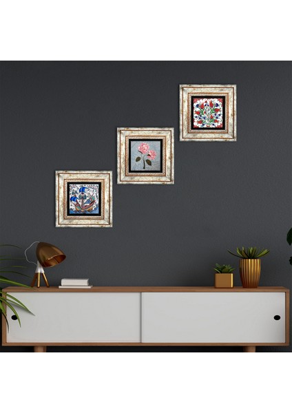 Çini Sanatı Lale, Yelkenli Gemi, Pembe Ortanca Çiçeği Taş Duvar Tablosu Çerçeveli Duvar Dekoru 3 Parça Tablo Seti Wall Art T3-1853