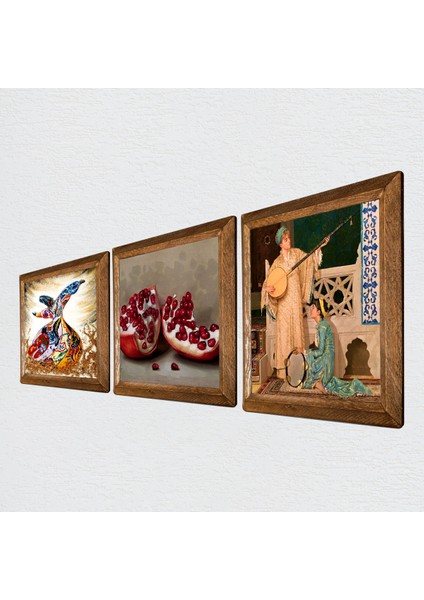 İki Müzisyen Kız Tablosu, Semazen, Nar Taş Duvar Tablosu Ahşap Çerçeveli Duvar Dekoru 3 Parça Tablo Seti Wall Art W3-852