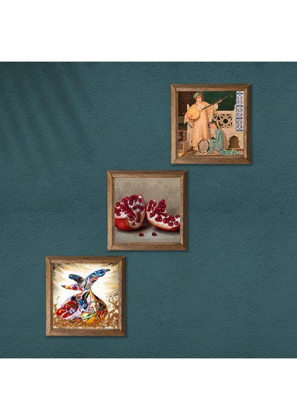 İki Müzisyen Kız Tablosu, Semazen, Nar Taş Duvar Tablosu Ahşap Çerçeveli Duvar Dekoru 3 Parça Tablo Seti Wall Art W3-852