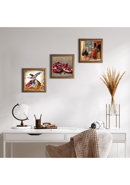 Satranç Oyunu, Semazen, Nar Taş Duvar Tablosu Ahşap Çerçeveli Duvar Dekoru 3 Parça Tablo Seti Wall Art W3-854