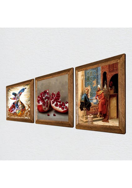 Satranç Oyunu, Semazen, Nar Taş Duvar Tablosu Ahşap Çerçeveli Duvar Dekoru 3 Parça Tablo Seti Wall Art W3-854