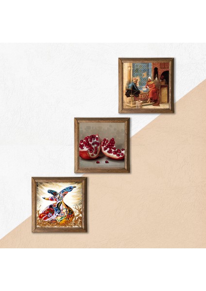 Satranç Oyunu, Semazen, Nar Taş Duvar Tablosu Ahşap Çerçeveli Duvar Dekoru 3 Parça Tablo Seti Wall Art W3-854