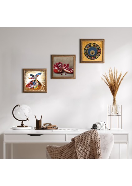 Nazar Boncuğu, Semazen, Nar Taş Duvar Tablosu Ahşap Çerçeveli Duvar Dekoru 3 Parça Tablo Seti Wall Art W3-857