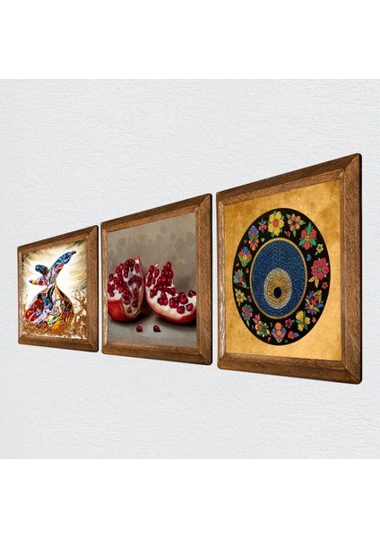 Nazar Boncuğu, Semazen, Nar Taş Duvar Tablosu Ahşap Çerçeveli Duvar Dekoru 3 Parça Tablo Seti Wall Art W3-857