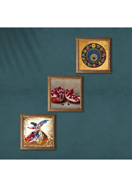 Nazar Boncuğu, Semazen, Nar Taş Duvar Tablosu Ahşap Çerçeveli Duvar Dekoru 3 Parça Tablo Seti Wall Art W3-857