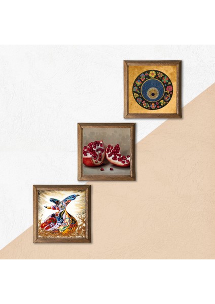 Nazar Boncuğu, Semazen, Nar Taş Duvar Tablosu Ahşap Çerçeveli Duvar Dekoru 3 Parça Tablo Seti Wall Art W3-857