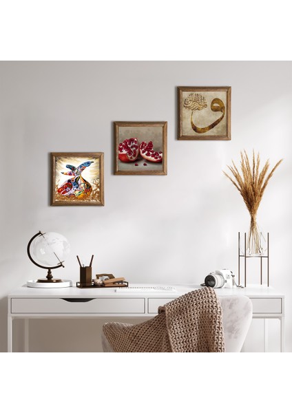 Vav, Semazen, Nar Taş Duvar Tablosu Ahşap Çerçeveli Duvar Dekoru 3 Parça Tablo Seti Wall Art W3-866