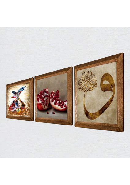Vav, Semazen, Nar Taş Duvar Tablosu Ahşap Çerçeveli Duvar Dekoru 3 Parça Tablo Seti Wall Art W3-866