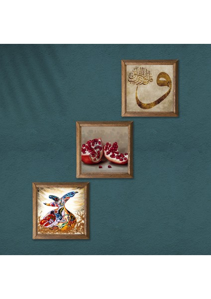 Vav, Semazen, Nar Taş Duvar Tablosu Ahşap Çerçeveli Duvar Dekoru 3 Parça Tablo Seti Wall Art W3-866