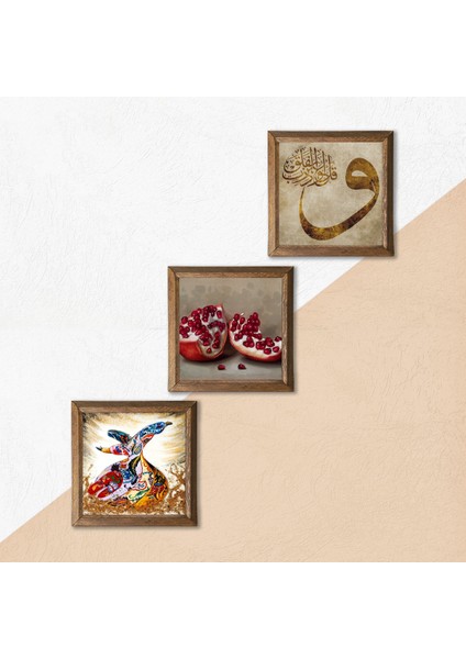Vav, Semazen, Nar Taş Duvar Tablosu Ahşap Çerçeveli Duvar Dekoru 3 Parça Tablo Seti Wall Art W3-866