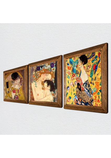 Gustav Klimt Yelpazeli Kadın, Anne Çocuk, Öpücük Taş Duvar Tablosu Ahşap Çerçeveli Duvar Dekoru 3 Parça Tablo Seti Wall Art W3-87