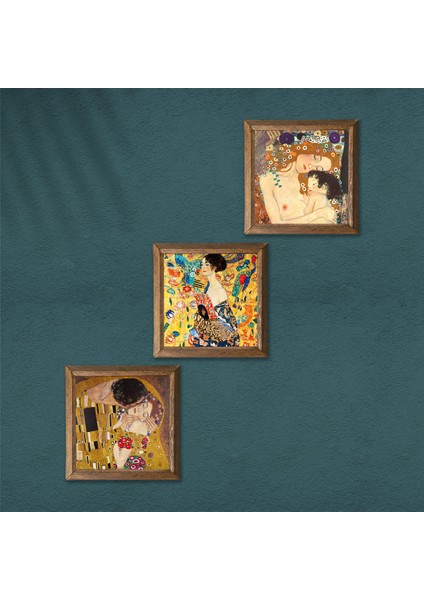 Gustav Klimt Yelpazeli Kadın, Anne Çocuk, Öpücük Taş Duvar Tablosu Ahşap Çerçeveli Duvar Dekoru 3 Parça Tablo Seti Wall Art W3-87