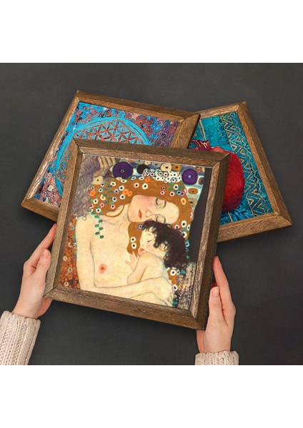 Gustav Klimt Yelpazeli Kadın, Anne Çocuk, Öpücük Taş Duvar Tablosu Ahşap Çerçeveli Duvar Dekoru 3 Parça Tablo Seti Wall Art W3-87