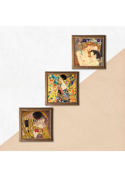 Gustav Klimt Yelpazeli Kadın, Anne Çocuk, Öpücük Taş Duvar Tablosu Ahşap Çerçeveli Duvar Dekoru 3 Parça Tablo Seti Wall Art W3-87
