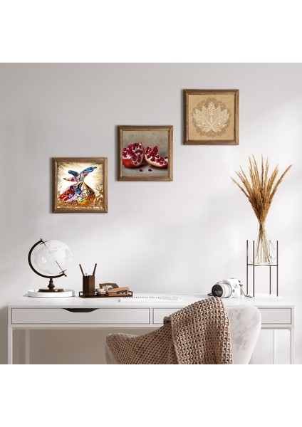 Lotus Çiçeği, Semazen, Nar Taş Duvar Tablosu Ahşap Çerçeveli Duvar Dekoru 3 Parça Tablo Seti Wall Art W3-874