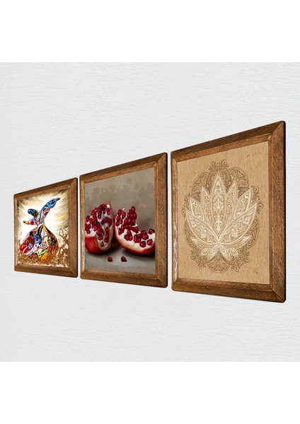 Lotus Çiçeği, Semazen, Nar Taş Duvar Tablosu Ahşap Çerçeveli Duvar Dekoru 3 Parça Tablo Seti Wall Art W3-874