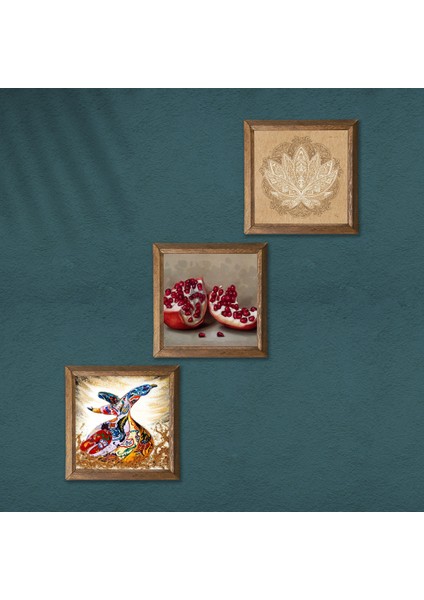 Lotus Çiçeği, Semazen, Nar Taş Duvar Tablosu Ahşap Çerçeveli Duvar Dekoru 3 Parça Tablo Seti Wall Art W3-874