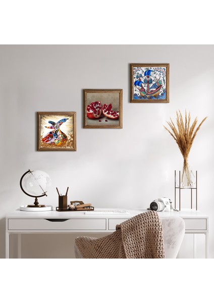 Çini Sanatı Yelkenli Gemi, Semazen, Nar Taş Duvar Tablosu Ahşap Çerçeveli Duvar Dekoru 3 Parça Tablo Seti Wall Art W3-875