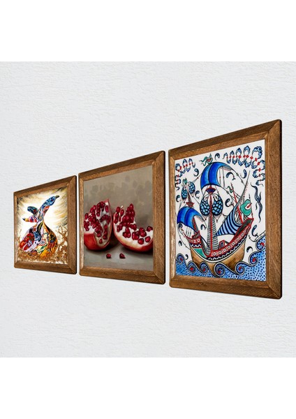 Çini Sanatı Yelkenli Gemi, Semazen, Nar Taş Duvar Tablosu Ahşap Çerçeveli Duvar Dekoru 3 Parça Tablo Seti Wall Art W3-875