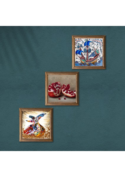 Çini Sanatı Yelkenli Gemi, Semazen, Nar Taş Duvar Tablosu Ahşap Çerçeveli Duvar Dekoru 3 Parça Tablo Seti Wall Art W3-875