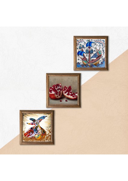 Çini Sanatı Yelkenli Gemi, Semazen, Nar Taş Duvar Tablosu Ahşap Çerçeveli Duvar Dekoru 3 Parça Tablo Seti Wall Art W3-875