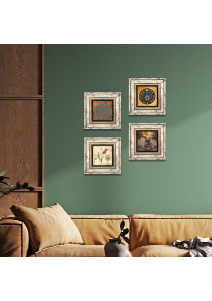 Yaşam Çiçeği, Semazen, Lale, Nazar Çerçeveli Taş Duvar Tablosu 4’lü Set - Dekoratif Modern Sanat, Ev ve Ofis Dekoru |TK4-626|