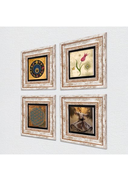 Yaşam Çiçeği, Semazen, Lale, Nazar Çerçeveli Taş Duvar Tablosu 4’lü Set - Dekoratif Modern Sanat, Ev ve Ofis Dekoru |TK4-626| fiyatları