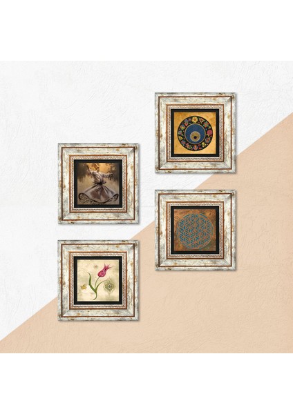 Yaşam Çiçeği, Semazen, Lale, Nazar Çerçeveli Taş Duvar Tablosu 4’lü Set - Dekoratif Modern Sanat, Ev ve Ofis Dekoru |TK4-626| indirimleri