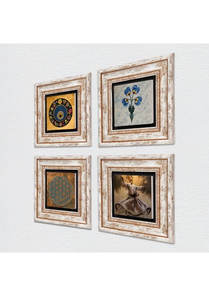Yaşam Çiçeği, Semazen, Ebru Sanatı, Nazar Taş Duvar Tablosu Çerçeveli Duvar Dekoru 4 Parça Tablo Seti Wall Art T4-629