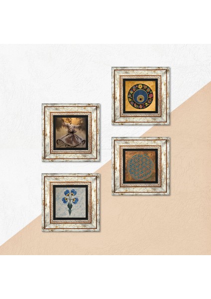 Yaşam Çiçeği, Semazen, Ebru Sanatı, Nazar Taş Duvar Tablosu Çerçeveli Duvar Dekoru 4 Parça Tablo Seti Wall Art T4-629
