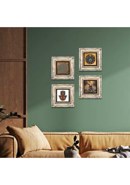 Yaşam Çiçeği, Semazen, Fatma Ana Eli (Hamsa), Nazar Taş Duvar Tablosu Çerçeveli Duvar Dekoru 4 Parça Tablo Seti Wall Art T4-632