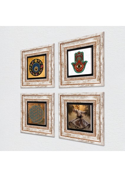Yaşam Çiçeği, Semazen, Fatma Ana Eli (Hamsa), Nazar Taş Duvar Tablosu Çerçeveli Duvar Dekoru 4 Parça Tablo Seti Wall Art T4-632