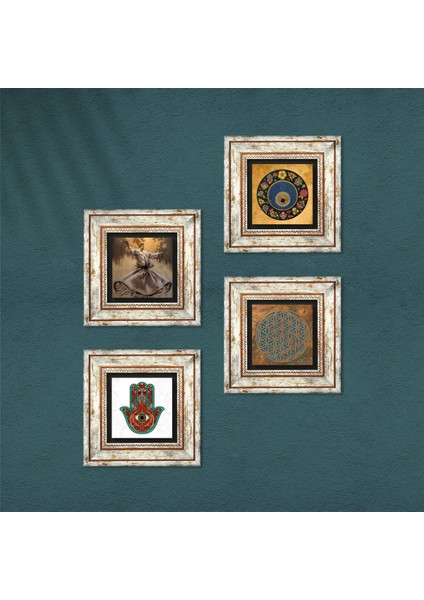 Yaşam Çiçeği, Semazen, Fatma Ana Eli (Hamsa), Nazar Taş Duvar Tablosu Çerçeveli Duvar Dekoru 4 Parça Tablo Seti Wall Art T4-632