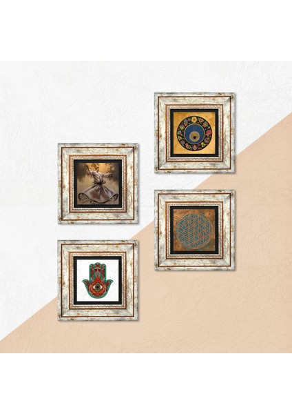 Yaşam Çiçeği, Semazen, Fatma Ana Eli (Hamsa), Nazar Taş Duvar Tablosu Çerçeveli Duvar Dekoru 4 Parça Tablo Seti Wall Art T4-632