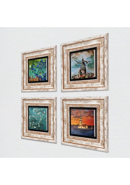 İstanbul Galata Kulesi, Kız Kulesi, Van Gogh İrisler, Badem Ağacı Taş Duvar Tablosu Çerçeveli Duvar Dekoru 4 Parça Tablo Seti Wall Art T4-757 fiyatları