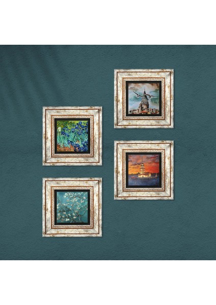 İstanbul Galata Kulesi, Kız Kulesi, Van Gogh İrisler, Badem Ağacı Taş Duvar Tablosu Çerçeveli Duvar Dekoru 4 Parça Tablo Seti Wall Art T4-757 fırsatları