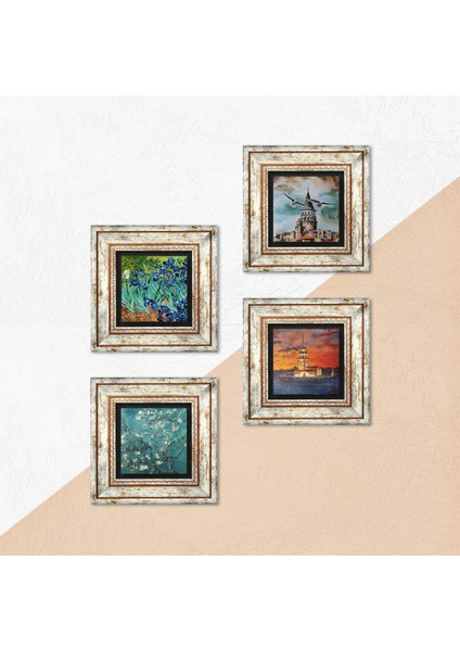 İstanbul Galata Kulesi, Kız Kulesi, Van Gogh İrisler, Badem Ağacı Taş Duvar Tablosu Çerçeveli Duvar Dekoru 4 Parça Tablo Seti Wall Art T4-757 indirimleri