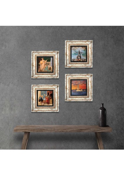 İstanbul Galata Kulesi, Kız Kulesi, Satranç Oyunu, İki Müzisyen Kız Taş Duvar Tablosu Çerçeveli Duvar Dekoru 4 Parça Tablo Seti Wall Art T4-759