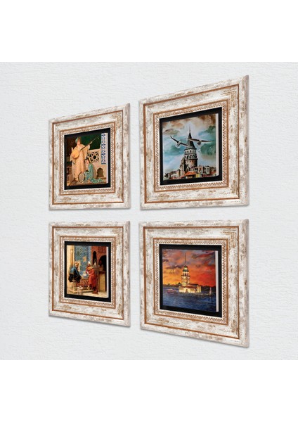 İstanbul Galata Kulesi, Kız Kulesi, Satranç Oyunu, İki Müzisyen Kız Taş Duvar Tablosu Çerçeveli Duvar Dekoru 4 Parça Tablo Seti Wall Art T4-759 fiyatları