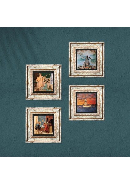 İstanbul Galata Kulesi, Kız Kulesi, Satranç Oyunu, İki Müzisyen Kız Taş Duvar Tablosu Çerçeveli Duvar Dekoru 4 Parça Tablo Seti Wall Art T4-759 fırsatları