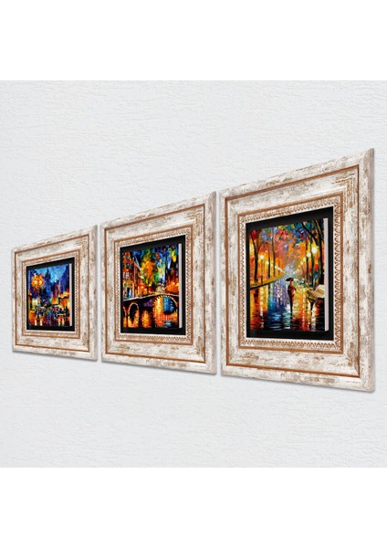 Köprü Manzarası, Sokak Manzarası, Fenerler Tablosu Taş Duvar Tablosu Çerçeveli Duvar Dekoru 3 Parça Tablo Seti Wall Art T3-1876
