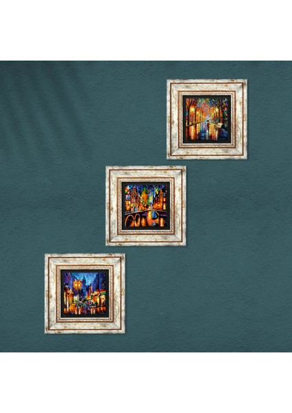 Köprü Manzarası, Sokak Manzarası, Fenerler Tablosu Taş Duvar Tablosu Çerçeveli Duvar Dekoru 3 Parça Tablo Seti Wall Art T3-1876